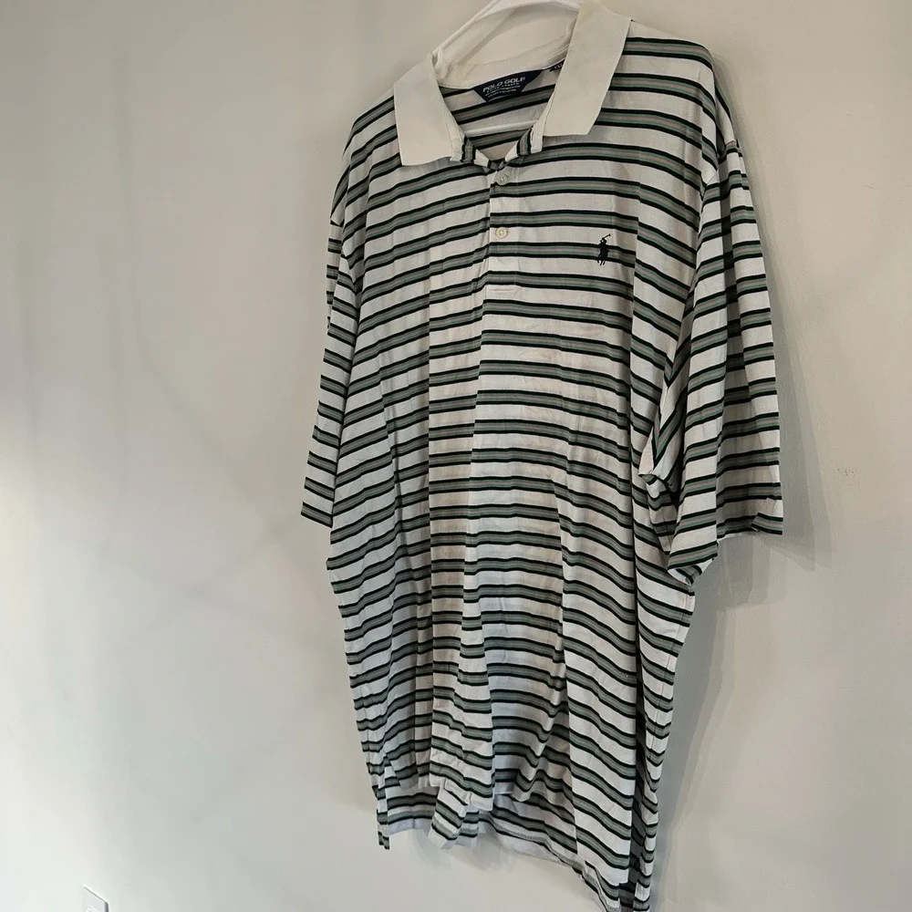 Polo Golf Ralph Lauren Polo Shirt XXL White Green Stripe Cotton Peru YGI‎ U3-53